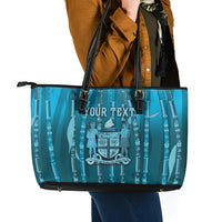 Personalised Fiji Language Week Sugarcane Masi Leather Tote Bag Blue Tapa Tribal Pattern DT05 - Polynesian Pride
