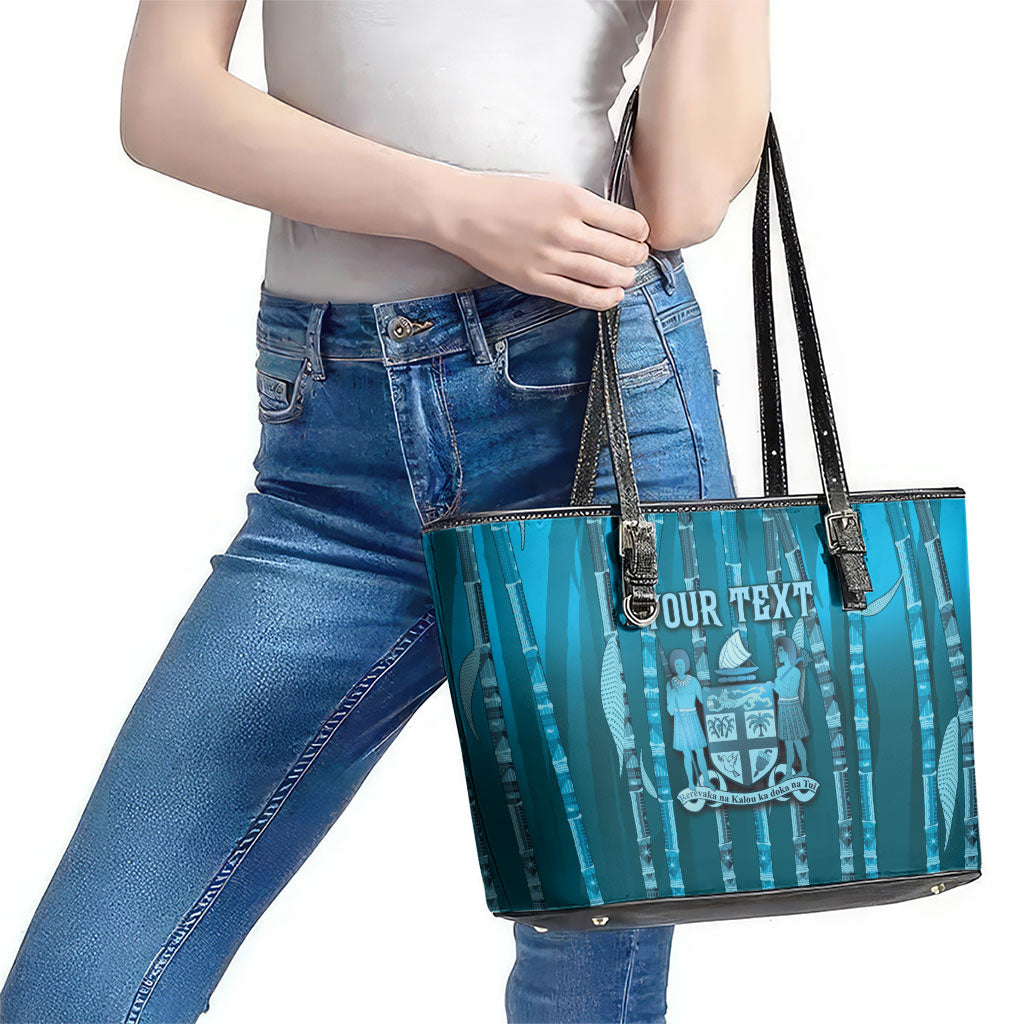 Personalised Fiji Language Week Sugarcane Masi Leather Tote Bag Blue Tapa Tribal Pattern DT05 - Polynesian Pride