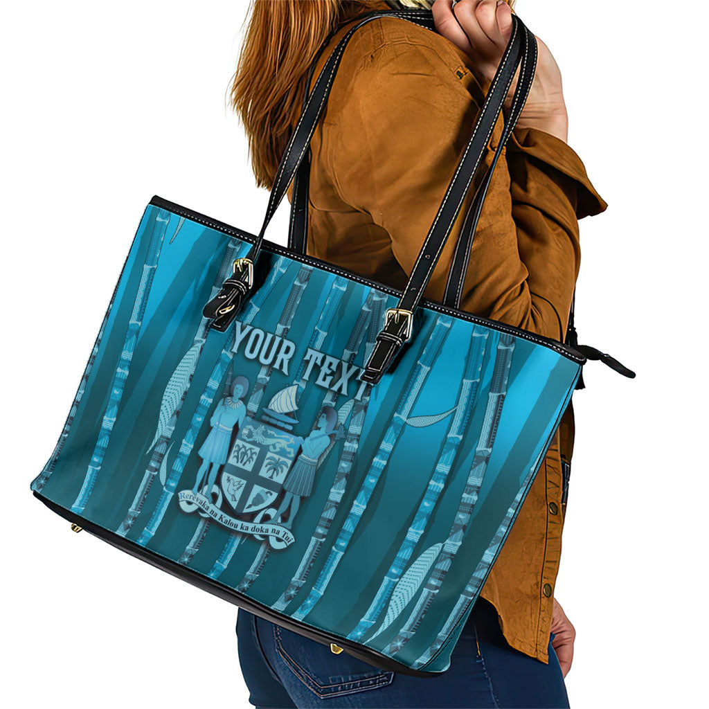 Personalised Fiji Language Week Sugarcane Masi Leather Tote Bag Blue Tapa Tribal Pattern DT05 - Polynesian Pride
