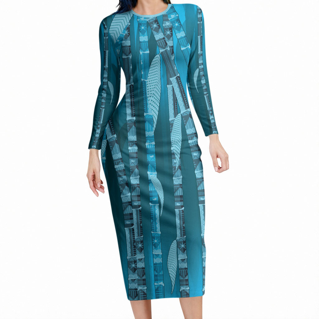 Personalised Fiji Language Week Sugarcane Masi Long Sleeve Bodycon Dress Blue Tapa Tribal Pattern DT05 Long Dress Blue - Polynesian Pride
