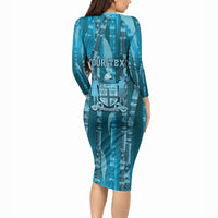 Personalised Fiji Language Week Sugarcane Masi Long Sleeve Bodycon Dress Blue Tapa Tribal Pattern DT05 - Polynesian Pride