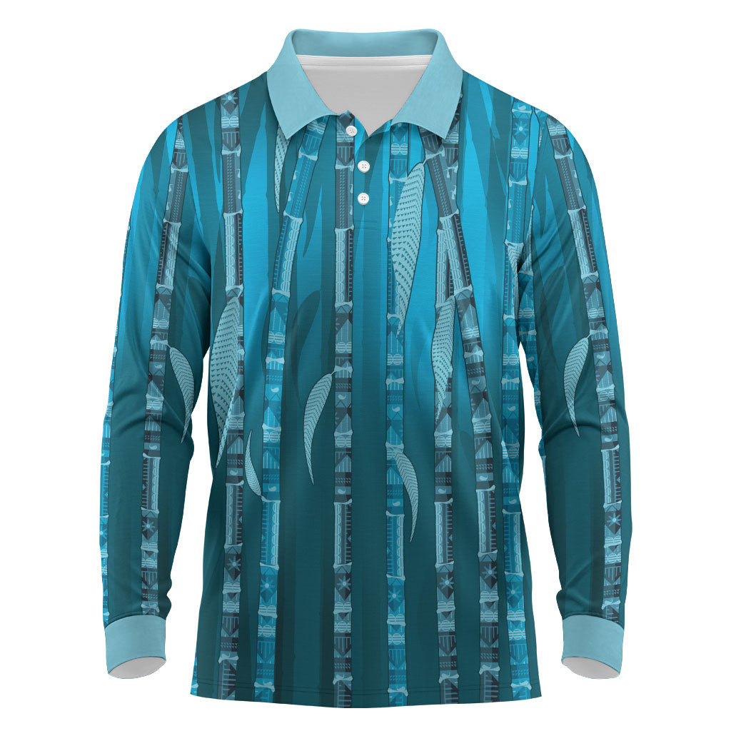 Personalised Fiji Language Week Sugarcane Masi Long Sleeve Polo Shirt Blue Tapa Tribal Pattern DT05 Blue - Polynesian Pride