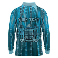Personalised Fiji Language Week Sugarcane Masi Long Sleeve Polo Shirt Blue Tapa Tribal Pattern DT05 - Polynesian Pride