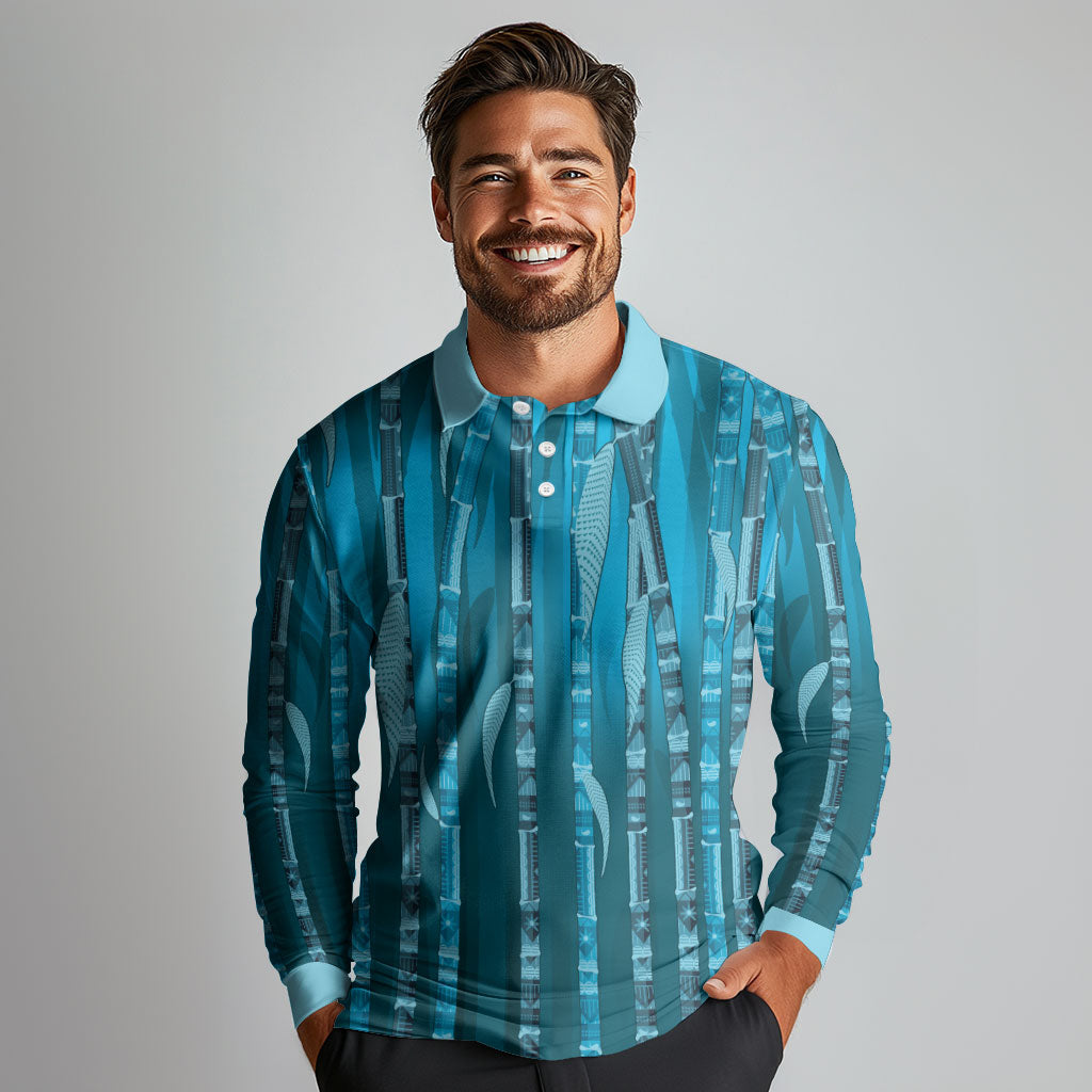 Personalised Fiji Language Week Sugarcane Masi Long Sleeve Polo Shirt Blue Tapa Tribal Pattern DT05 - Polynesian Pride