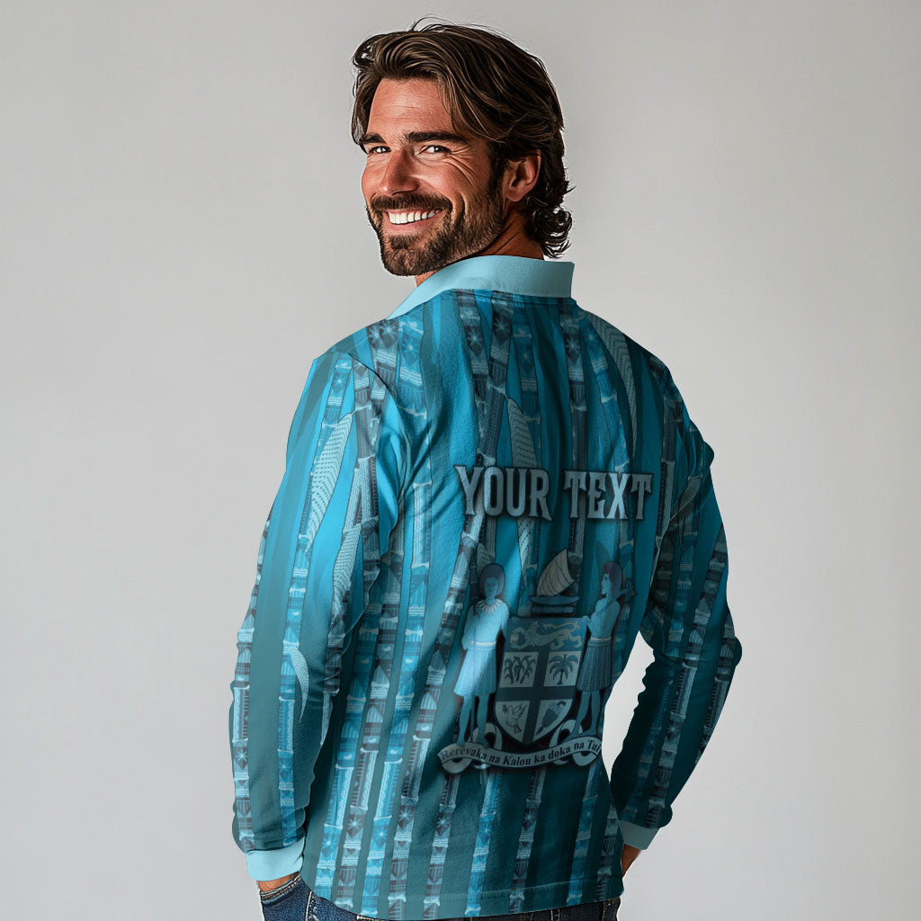 Personalised Fiji Language Week Sugarcane Masi Long Sleeve Polo Shirt Blue Tapa Tribal Pattern DT05 - Polynesian Pride