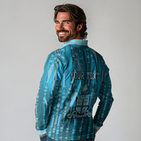 Personalised Fiji Language Week Sugarcane Masi Long Sleeve Polo Shirt Blue Tapa Tribal Pattern DT05 - Polynesian Pride