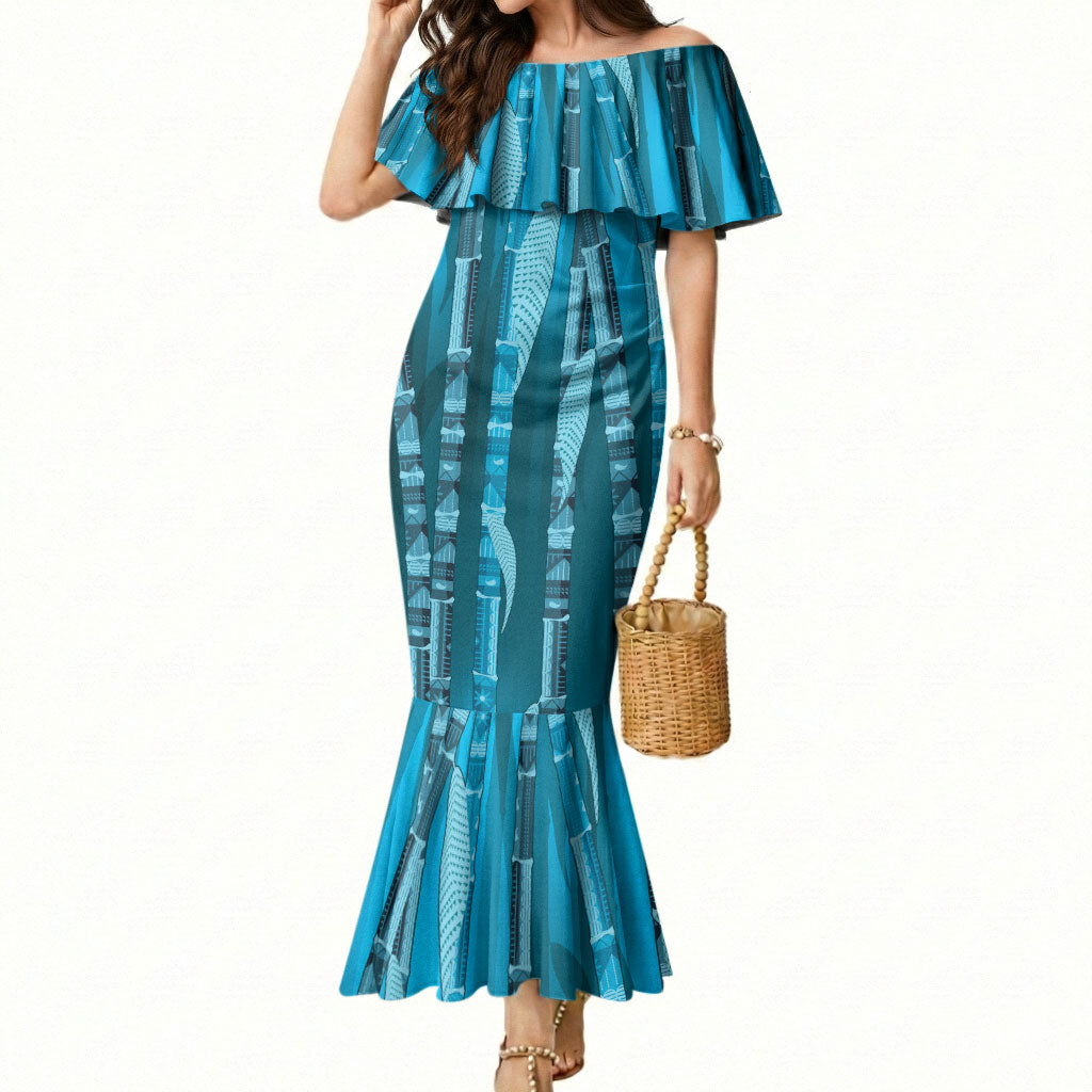 Personalised Fiji Language Week Sugarcane Masi Mermaid Dress Blue Tapa Tribal Pattern DT05 Women Blue - Polynesian Pride