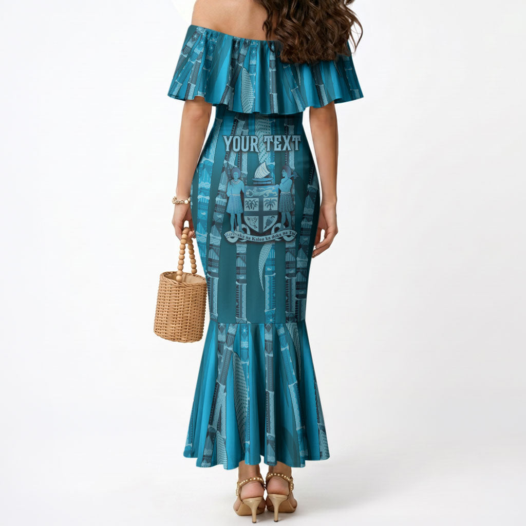Personalised Fiji Language Week Sugarcane Masi Mermaid Dress Blue Tapa Tribal Pattern DT05 - Polynesian Pride