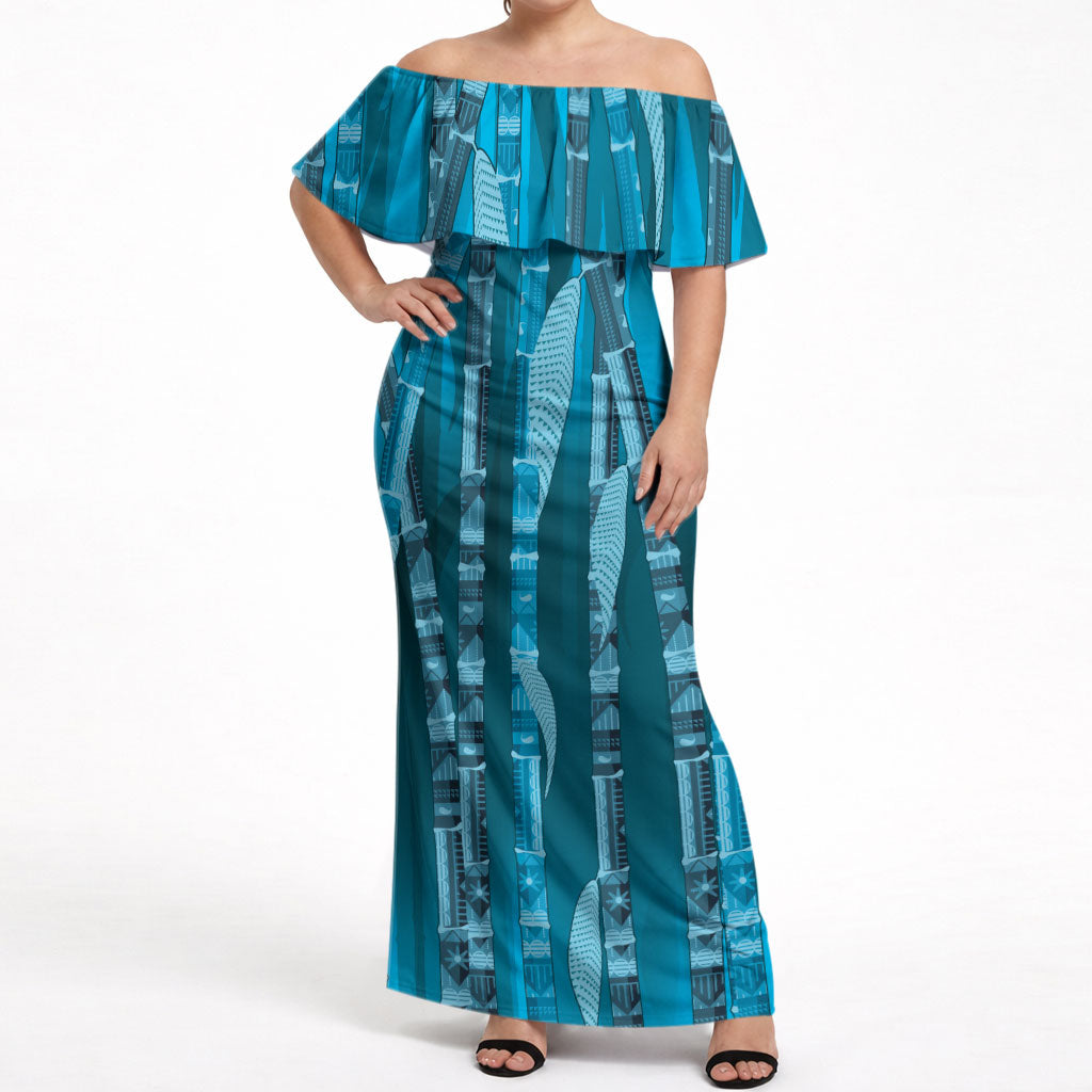 Personalised Fiji Language Week Sugarcane Masi Off Shoulder Maxi Dress Blue Tapa Tribal Pattern DT05 Women Blue - Polynesian Pride
