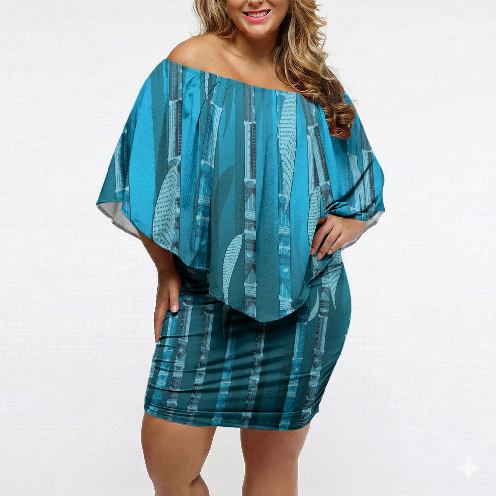Personalised Fiji Language Week Sugarcane Masi Off Shoulder Short Dress Blue Tapa Tribal Pattern DT05 Women Blue - Polynesian Pride