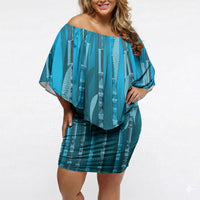 Personalised Fiji Language Week Sugarcane Masi Off Shoulder Short Dress Blue Tapa Tribal Pattern DT05 Women Blue - Polynesian Pride