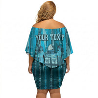 Personalised Fiji Language Week Sugarcane Masi Off Shoulder Short Dress Blue Tapa Tribal Pattern DT05 - Polynesian Pride