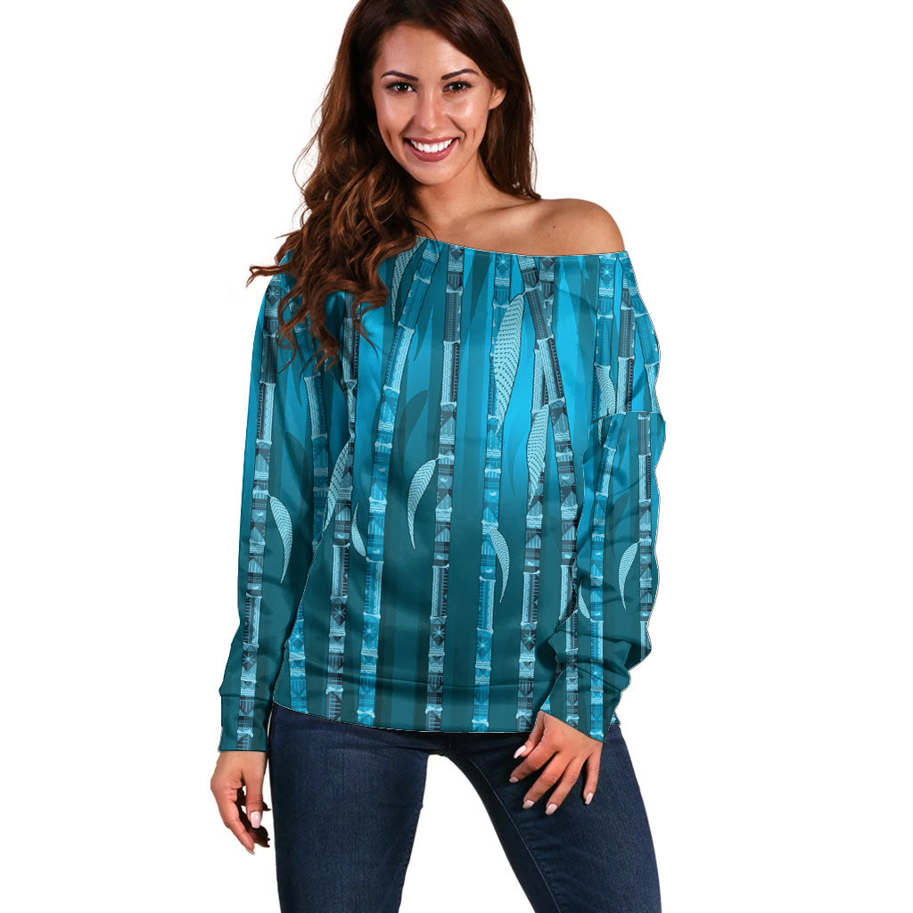 Personalised Fiji Language Week Sugarcane Masi Off Shoulder Sweater Blue Tapa Tribal Pattern DT05 Women Blue - Polynesian Pride