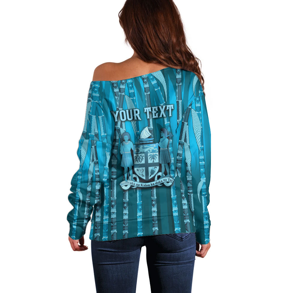 Personalised Fiji Language Week Sugarcane Masi Off Shoulder Sweater Blue Tapa Tribal Pattern DT05 - Polynesian Pride