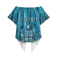 Personalised Fiji Language Week Sugarcane Masi Off Shoulder Wrap Waist Top Blue Tapa Tribal Pattern DT05 - Polynesian Pride
