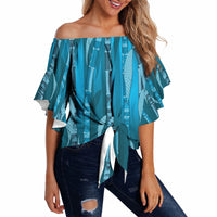Personalised Fiji Language Week Sugarcane Masi Off Shoulder Wrap Waist Top Blue Tapa Tribal Pattern DT05 - Polynesian Pride