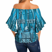 Personalised Fiji Language Week Sugarcane Masi Off Shoulder Wrap Waist Top Blue Tapa Tribal Pattern DT05 - Polynesian Pride