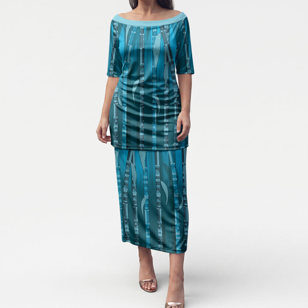 Personalised Fiji Language Week Sugarcane Masi Puletasi Blue Tapa Tribal Pattern DT05 Long Dress Blue - Polynesian Pride