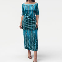 Personalised Fiji Language Week Sugarcane Masi Puletasi Blue Tapa Tribal Pattern DT05 Long Dress Blue - Polynesian Pride