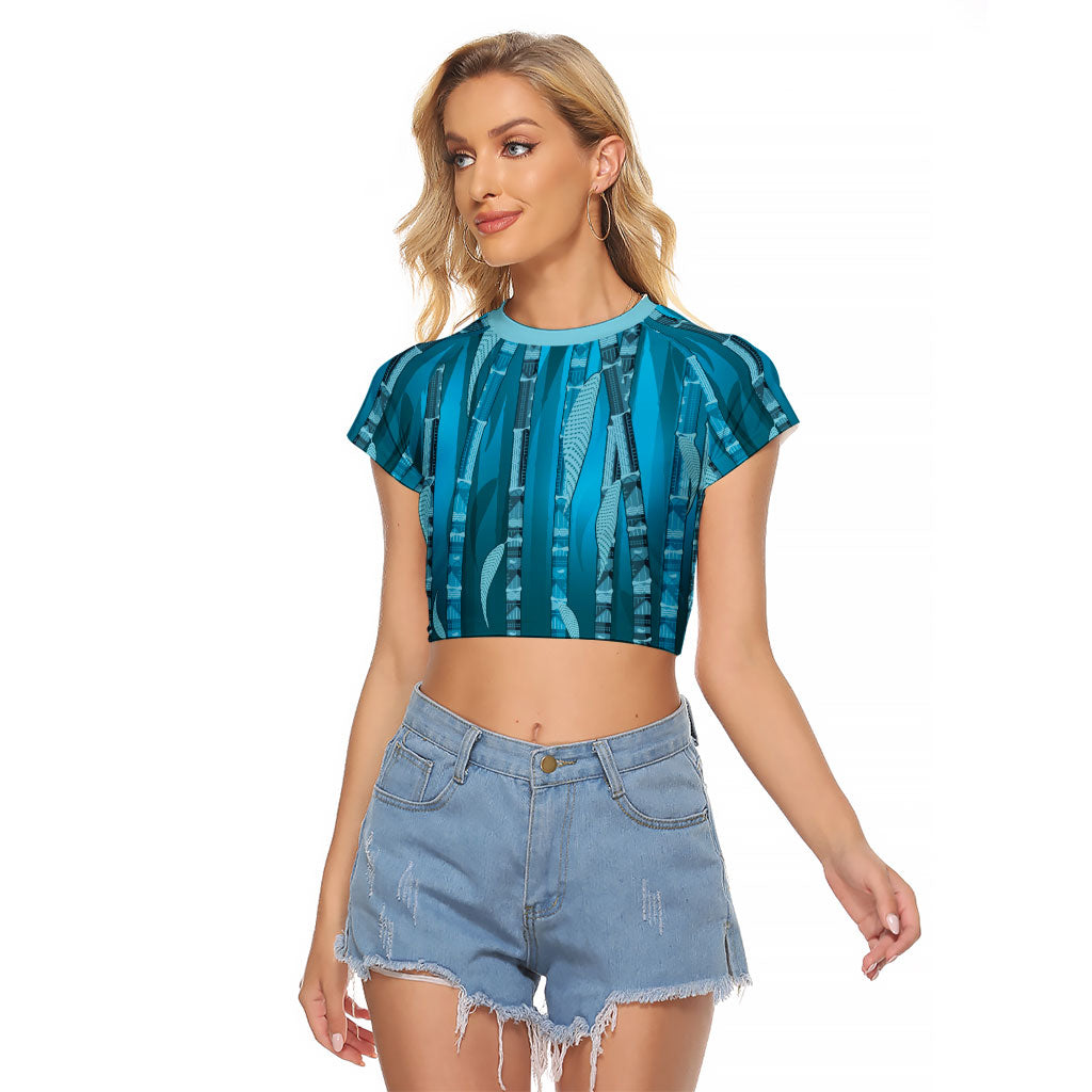 Personalised Fiji Language Week Sugarcane Masi Raglan Cropped T Shirt Blue Tapa Tribal Pattern DT05 Female Blue - Polynesian Pride