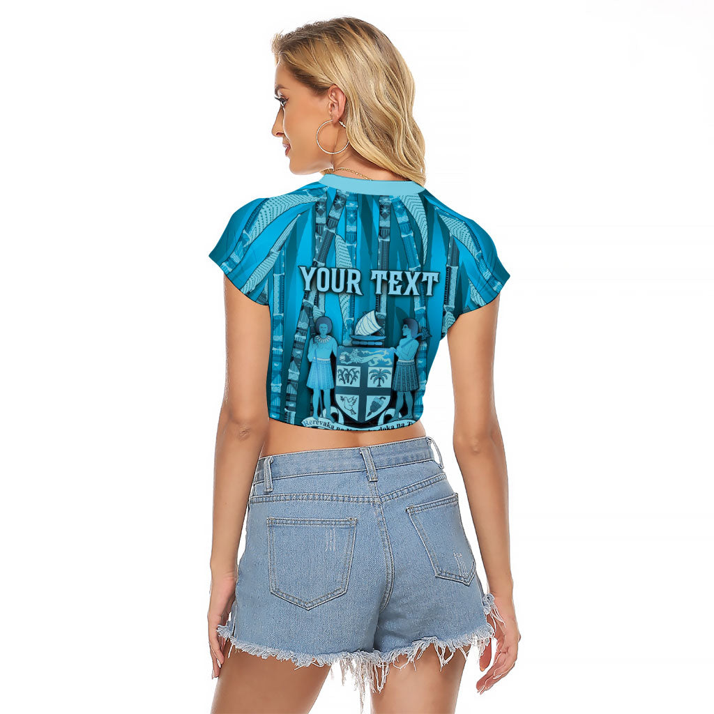 Personalised Fiji Language Week Sugarcane Masi Raglan Cropped T Shirt Blue Tapa Tribal Pattern DT05 - Polynesian Pride