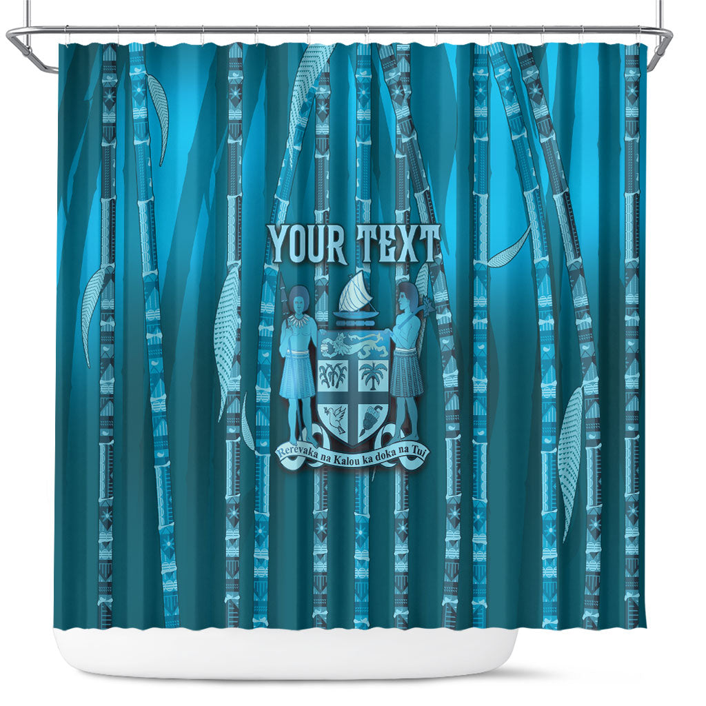 Personalised Fiji Language Week Sugarcane Masi Shower Curtain Blue Tapa Tribal Pattern DT05 Blue - Polynesian Pride