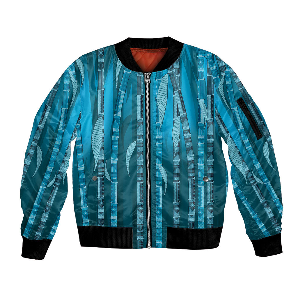 Personalised Fiji Language Week Sugarcane Masi Sleeve Zip Bomber Jacket Blue Tapa Tribal Pattern DT05 Unisex Blue - Polynesian Pride