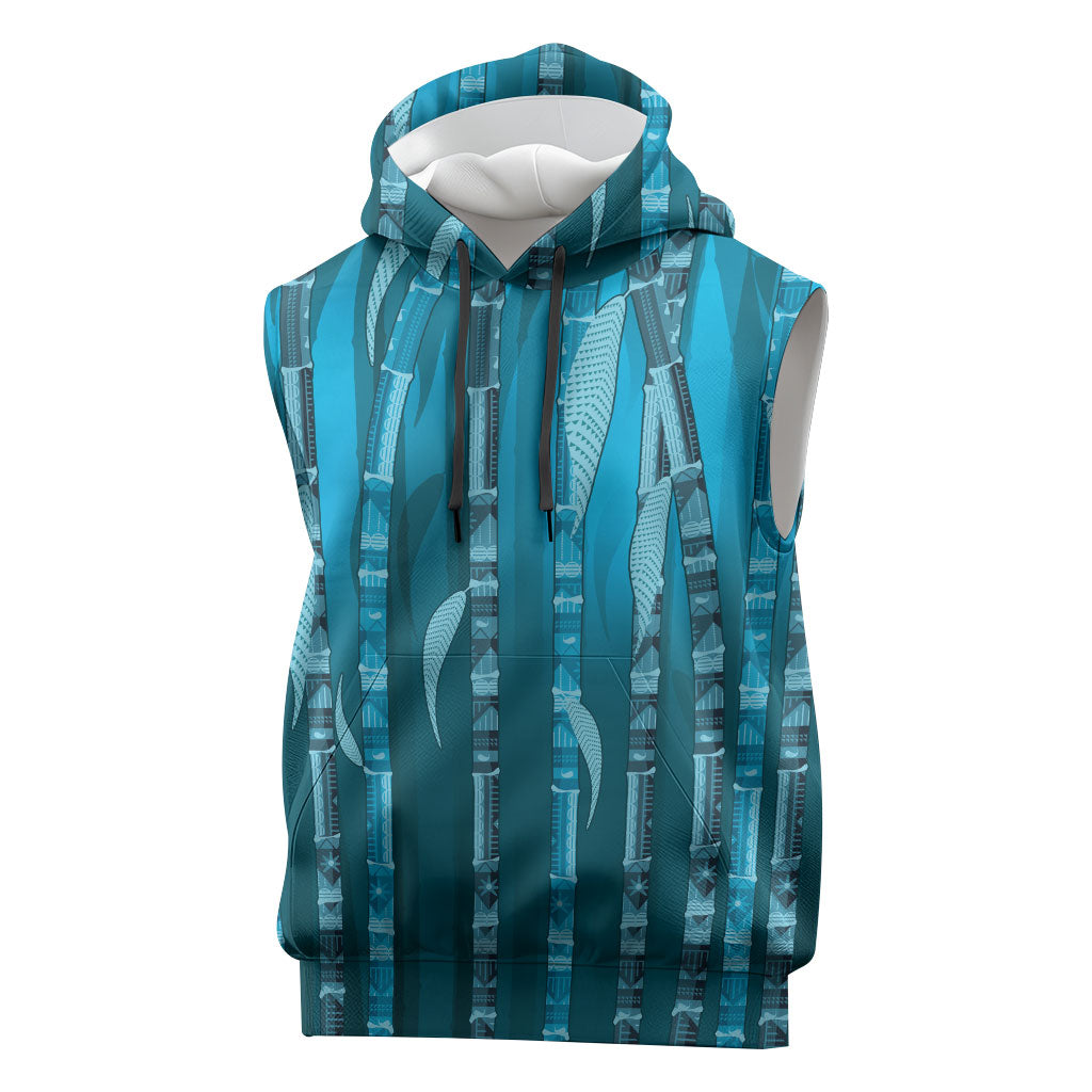 Personalised Fiji Language Week Sugarcane Masi Sleeveless Hoodie Blue Tapa Tribal Pattern DT05 Blue - Polynesian Pride
