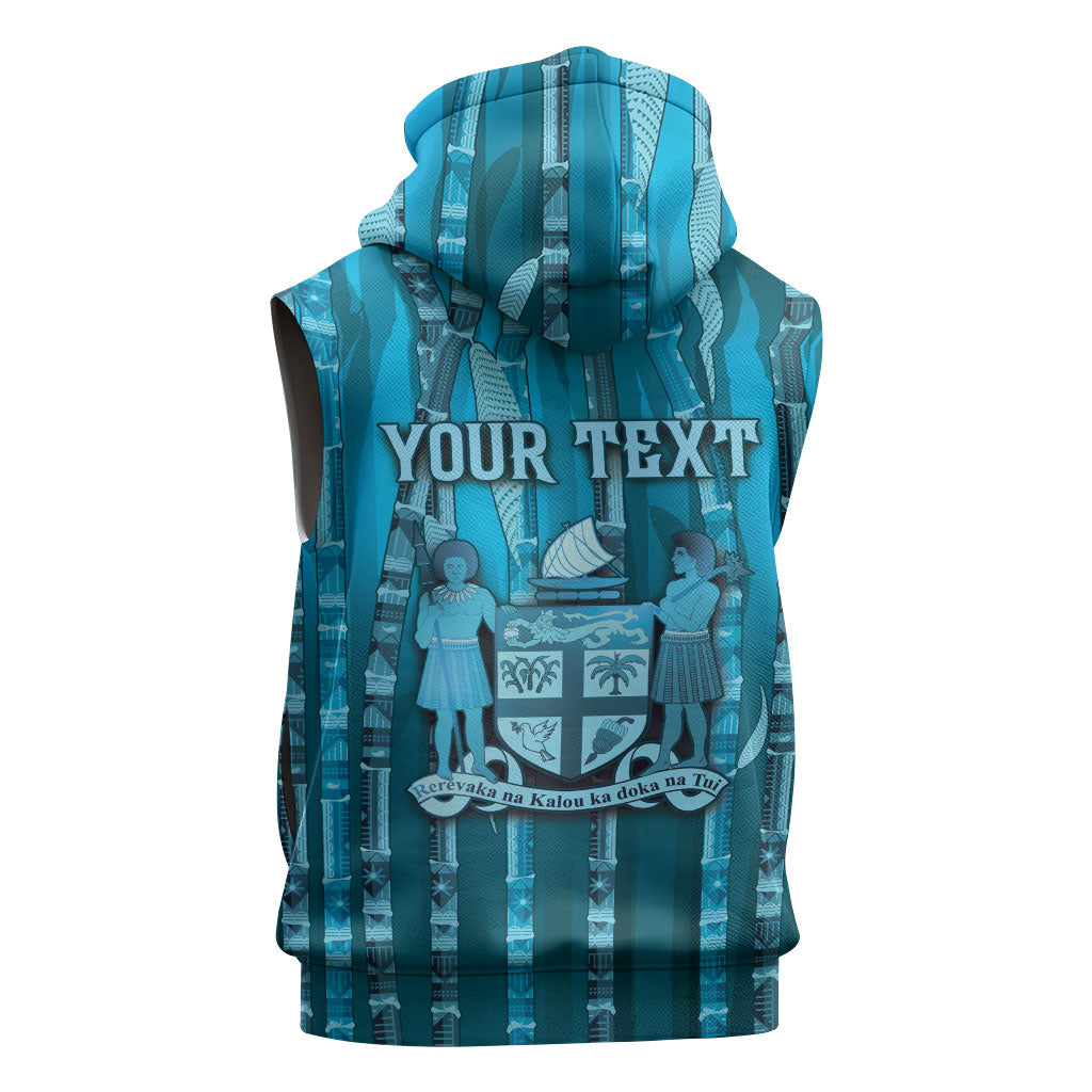 Personalised Fiji Language Week Sugarcane Masi Sleeveless Hoodie Blue Tapa Tribal Pattern DT05 - Polynesian Pride