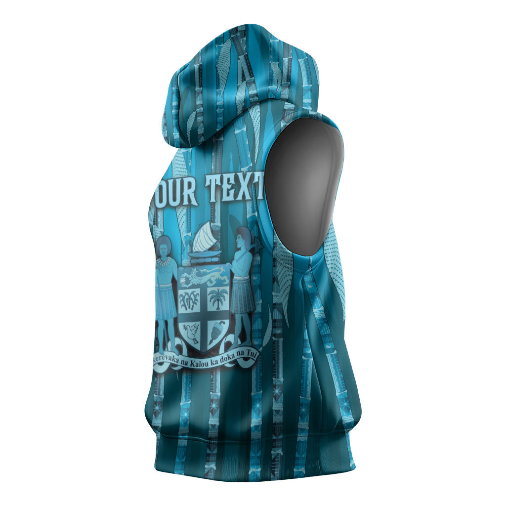 Personalised Fiji Language Week Sugarcane Masi Sleeveless Hoodie Blue Tapa Tribal Pattern DT05 - Polynesian Pride