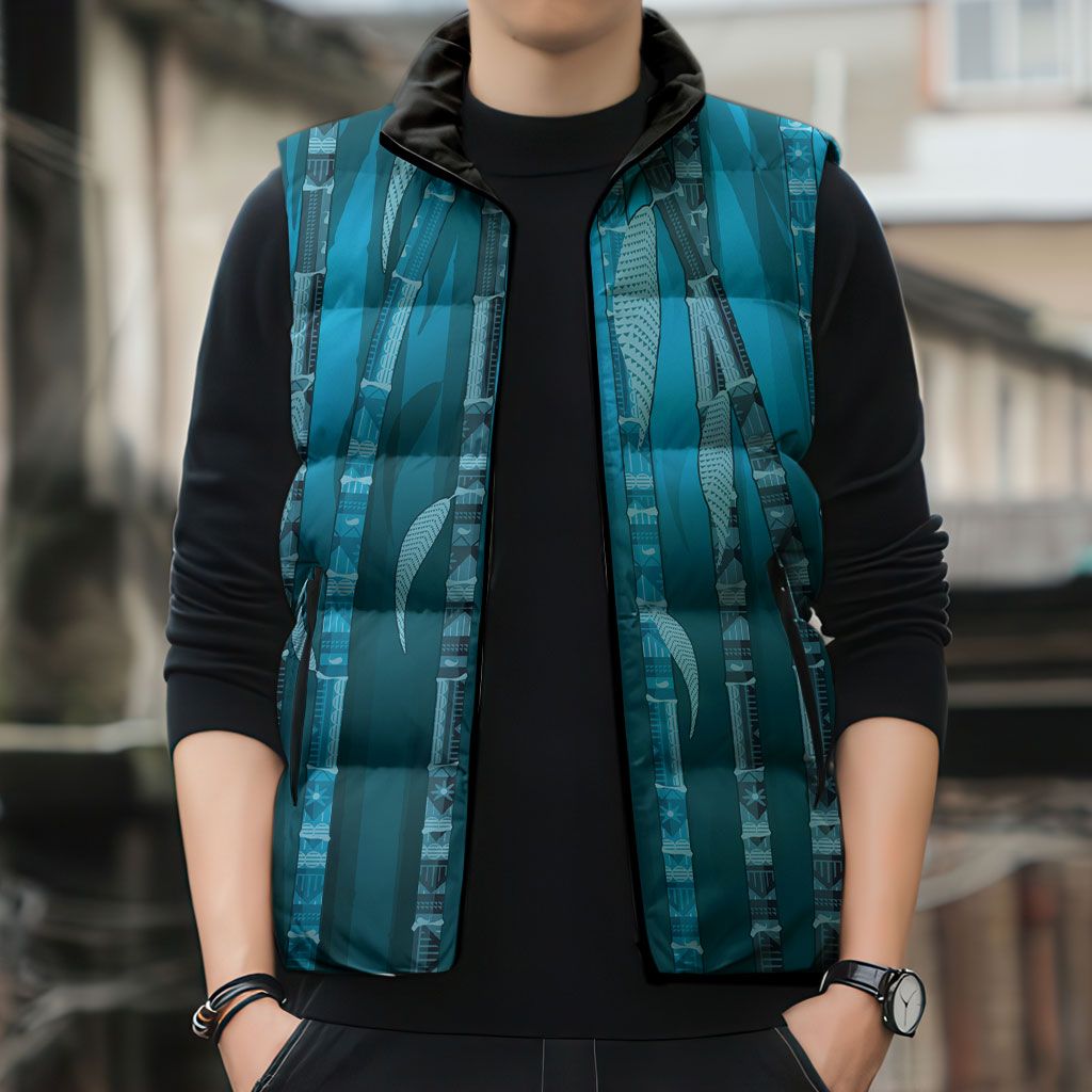 Personalised Fiji Language Week Sugarcane Masi Sleeveless Puffer Jacket Blue Tapa Tribal Pattern DT05 - Polynesian Pride