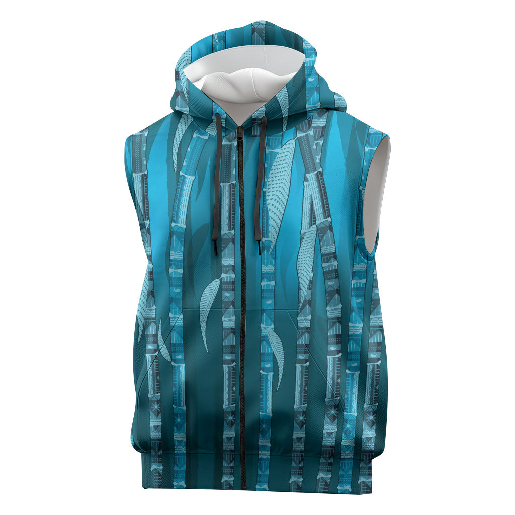Personalised Fiji Language Week Sugarcane Masi Sleeveless Zip Hoodie Blue Tapa Tribal Pattern DT05 Blue - Polynesian Pride
