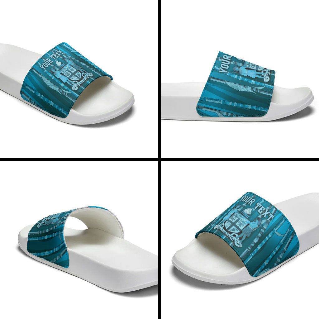 Personalised Fiji Language Week Sugarcane Masi Slide Sandals Blue Tapa Tribal Pattern DT05 - Polynesian Pride