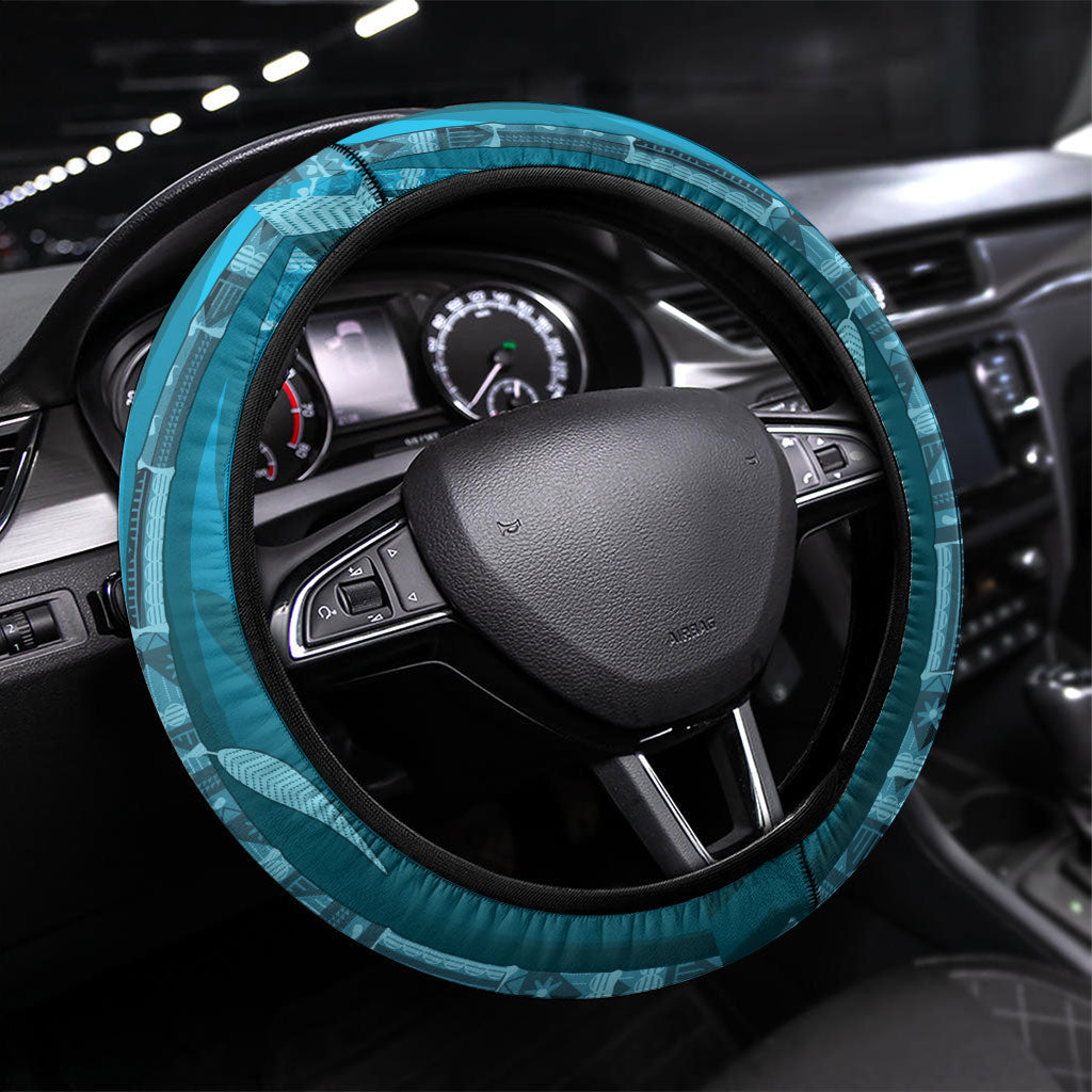Fiji Language Week Sugarcane Masi Steering Wheel Cover Blue Tapa Tribal Pattern DT05 Universal Fit Blue - Polynesian Pride