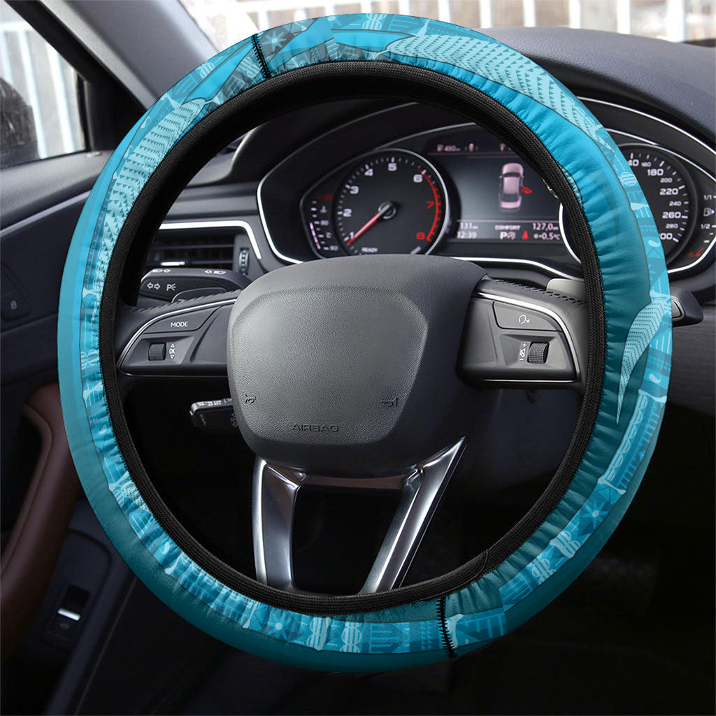 Fiji Language Week Sugarcane Masi Steering Wheel Cover Blue Tapa Tribal Pattern DT05 - Polynesian Pride