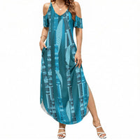 Personalised Fiji Language Week Sugarcane Masi Summer Maxi Dress Blue Tapa Tribal Pattern DT05 Women Blue - Polynesian Pride
