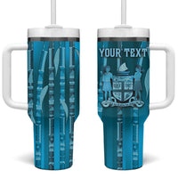 Personalised Fiji Language Week Sugarcane Masi Tumbler With Handle Blue Tapa Tribal Pattern DT05 One Size: 40 oz Blue - Polynesian Pride