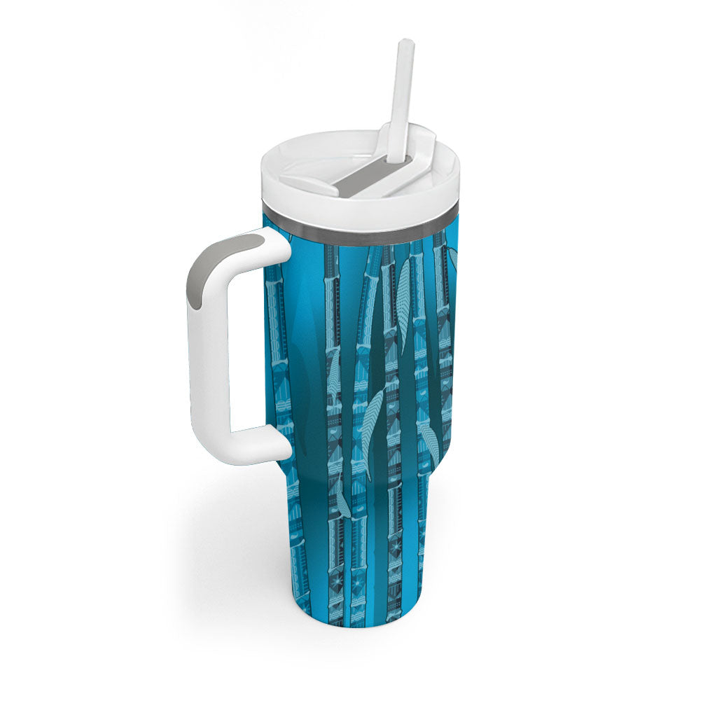 Personalised Fiji Language Week Sugarcane Masi Tumbler With Handle Blue Tapa Tribal Pattern DT05 - Polynesian Pride