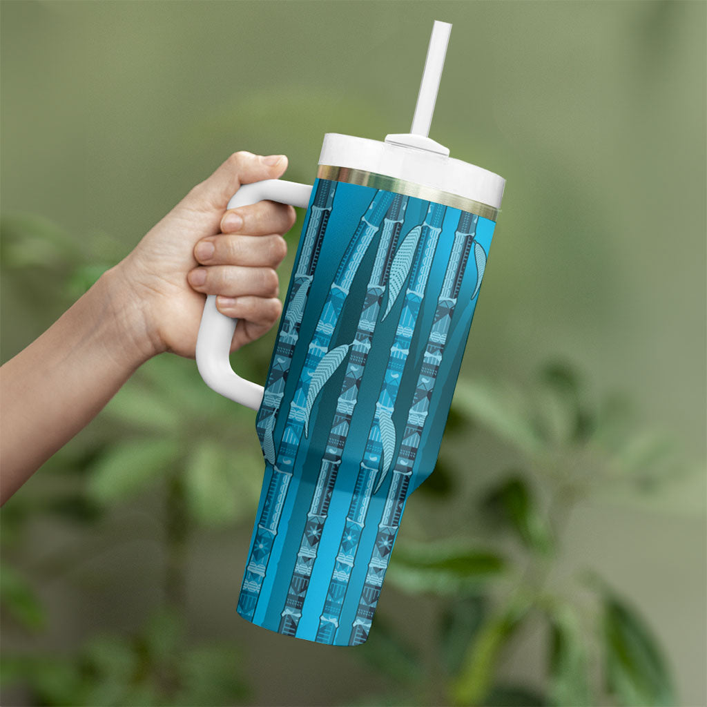Personalised Fiji Language Week Sugarcane Masi Tumbler With Handle Blue Tapa Tribal Pattern DT05 - Polynesian Pride