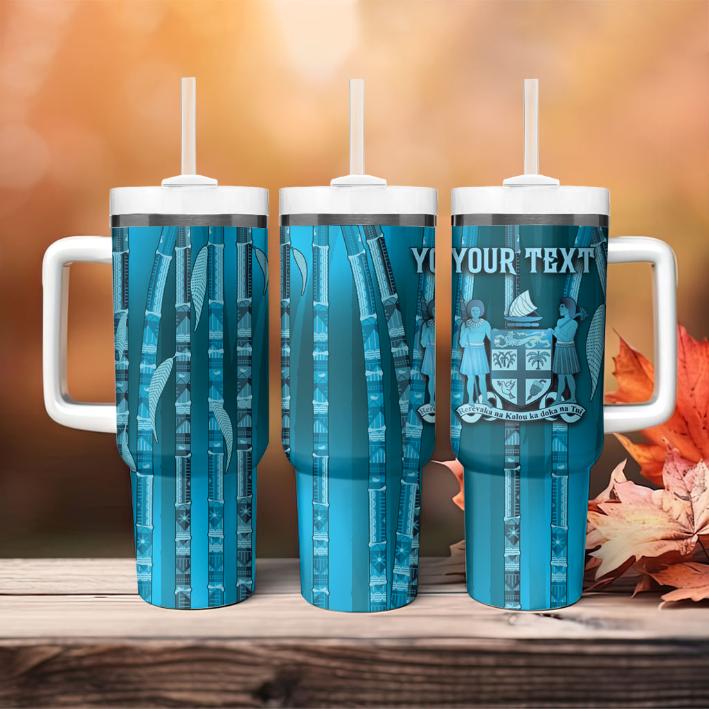 Personalised Fiji Language Week Sugarcane Masi Tumbler With Handle Blue Tapa Tribal Pattern DT05 - Polynesian Pride