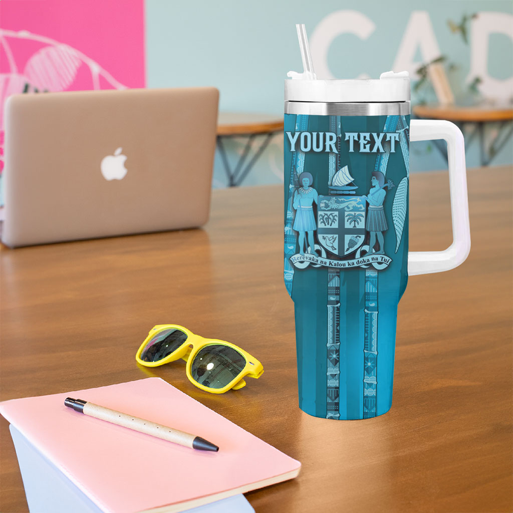 Personalised Fiji Language Week Sugarcane Masi Tumbler With Handle Blue Tapa Tribal Pattern DT05 - Polynesian Pride