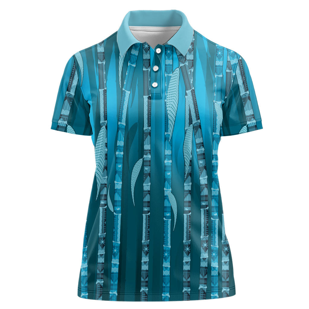 Personalised Fiji Language Week Sugarcane Masi Women Polo Shirt Blue Tapa Tribal Pattern DT05 Female Blue - Polynesian Pride