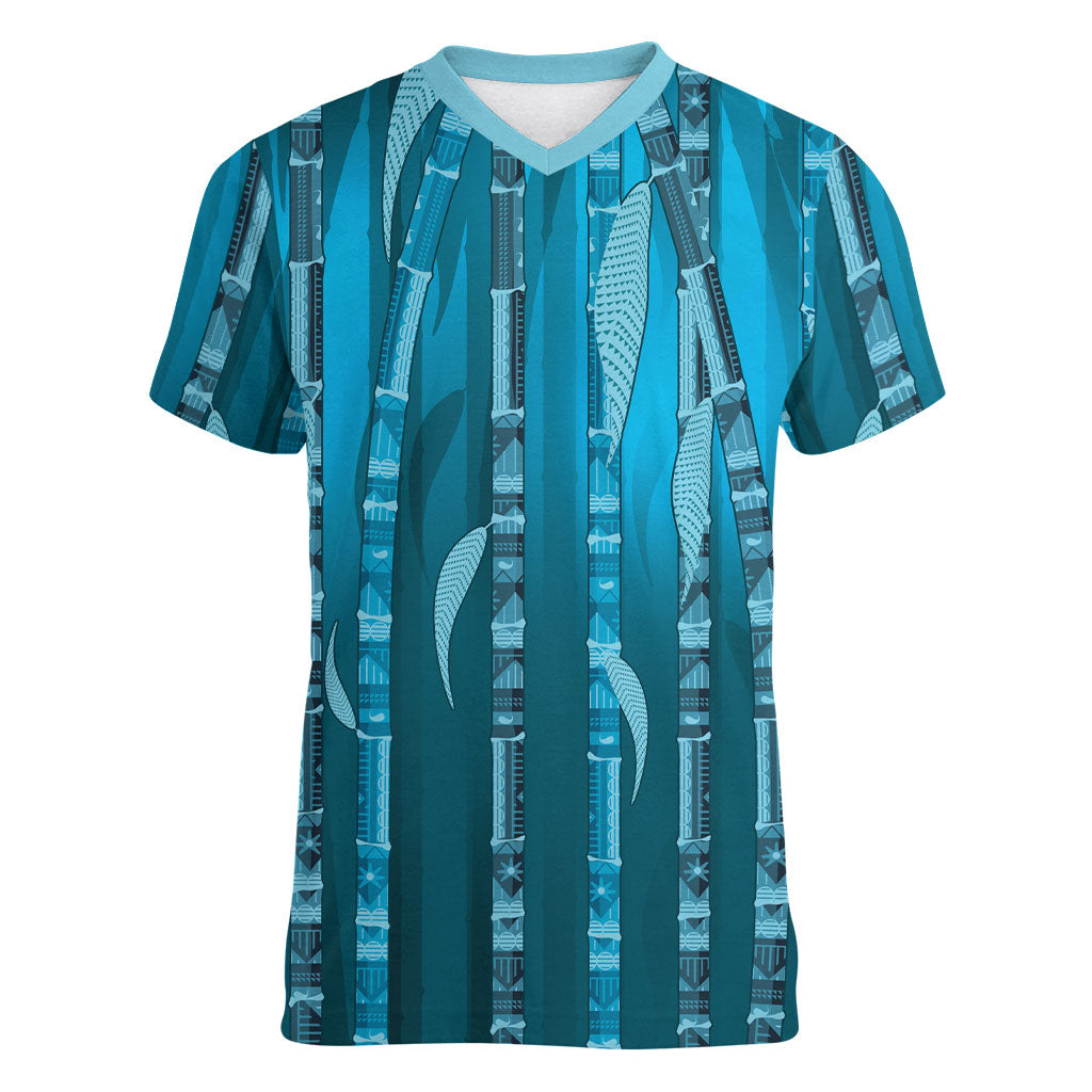 Personalised Fiji Language Week Sugarcane Masi Women V-Neck T-Shirt Blue Tapa Tribal Pattern DT05 Female Blue - Polynesian Pride