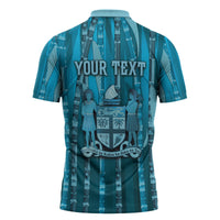 Personalised Fiji Language Week Sugarcane Masi Zipper Polo Shirt Blue Tapa Tribal Pattern DT05 - Polynesian Pride
