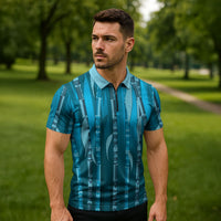 Personalised Fiji Language Week Sugarcane Masi Zipper Polo Shirt Blue Tapa Tribal Pattern DT05 - Polynesian Pride