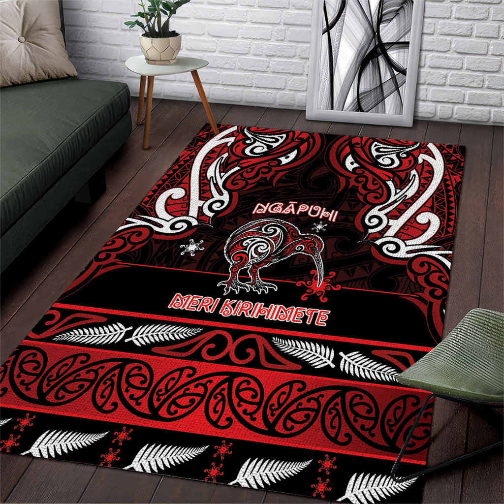 Ngapuhi Aotearoa Meri Kirihimete Area Rug Maori Kiwi Bird Silver Fern Koru Pattern DT05 Red - Polynesian Pride