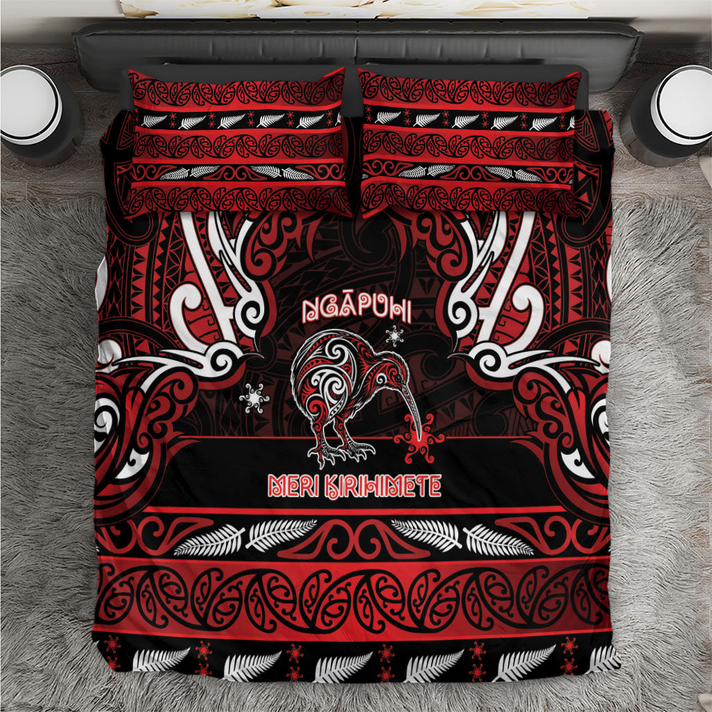 Ngapuhi Aotearoa Meri Kirihimete Bedding Set Maori Kiwi Bird Silver Fern Koru Pattern DT05 Red - Polynesian Pride