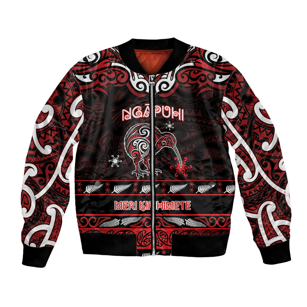 Personalised Ngapuhi Aotearoa Meri Kirihimete Bomber Jacket Maori Kiwi Bird Silver Fern Koru Pattern DT05 Unisex Red - Polynesian Pride