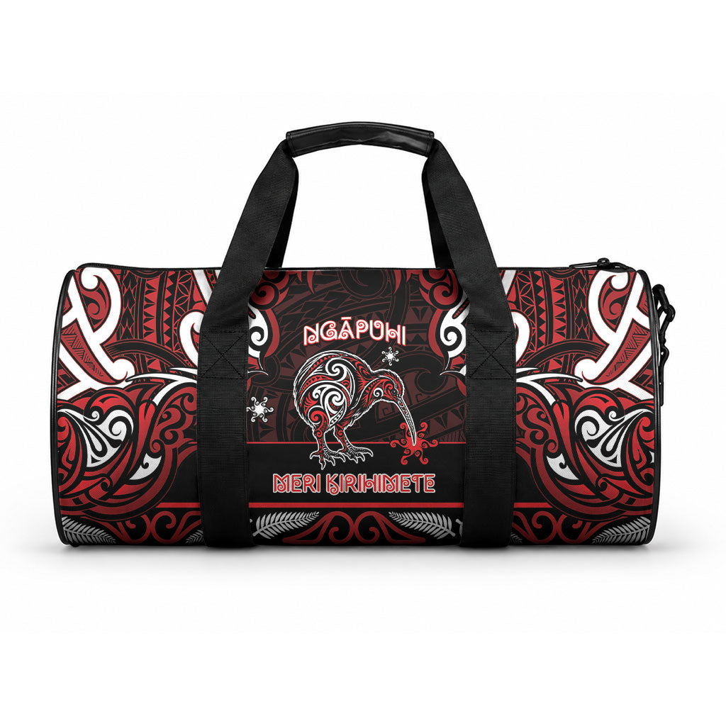 Ngapuhi Aotearoa Meri Kirihimete Duffle Bag Maori Kiwi Bird Silver Fern Koru Pattern
