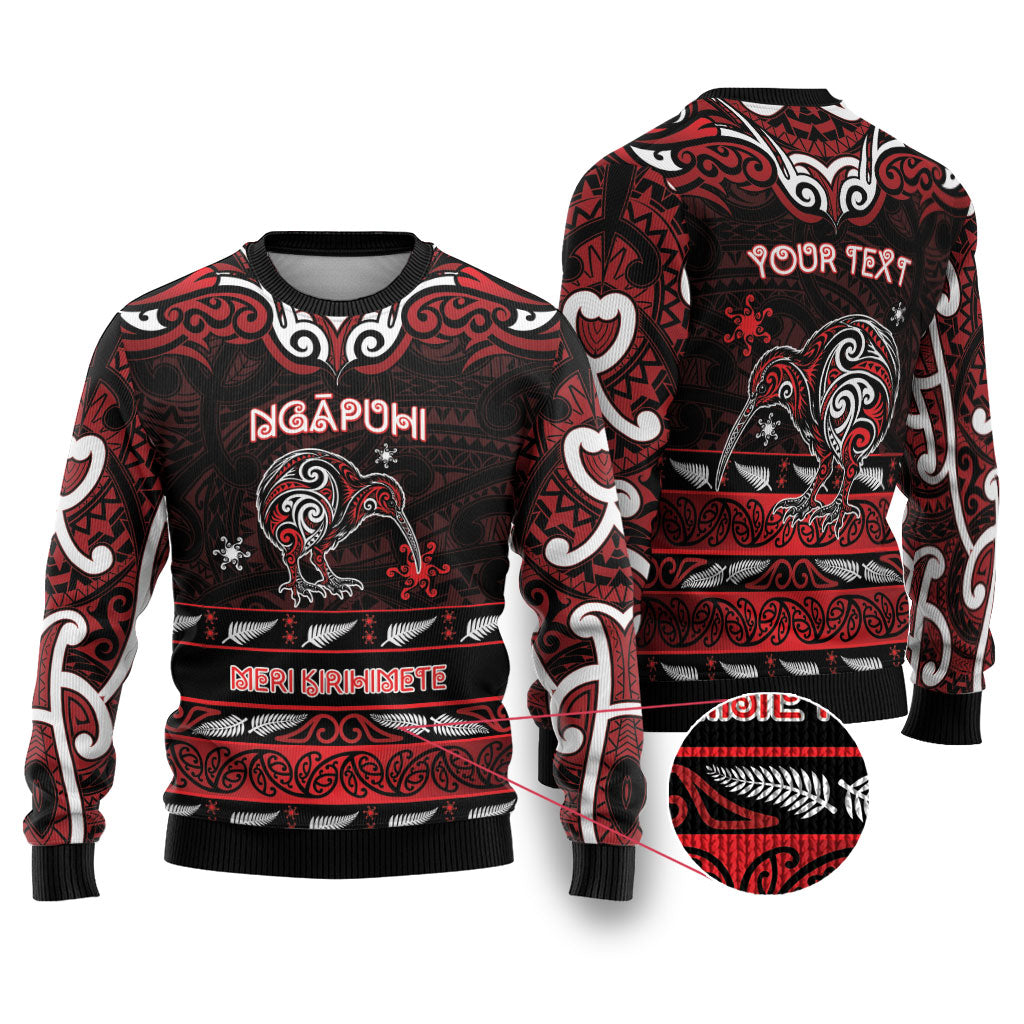 Personalised Ngapuhi Aotearoa Meri Kirihimete Ugly Christmas Sweater Maori Kiwi Bird Silver Fern Koru Pattern DT05 Red - Polynesian Pride